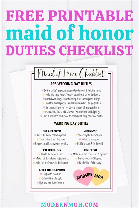 Matron Of Honor Duties Checklist Printable